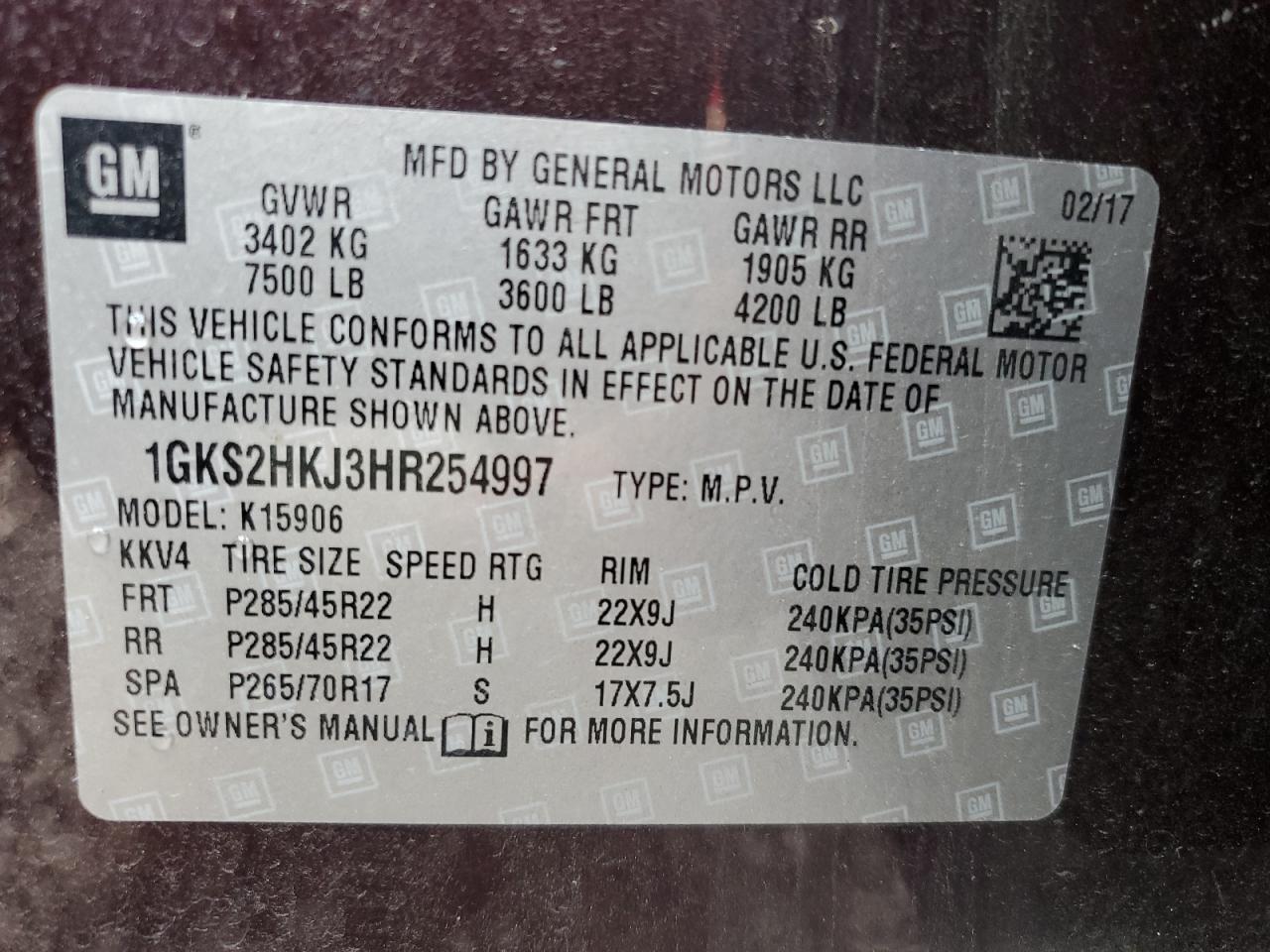 2017 GMC Yukon VIN 1GKS2HKJ3HR254997 Copart auction photo, front end / side damage thumbnail 14