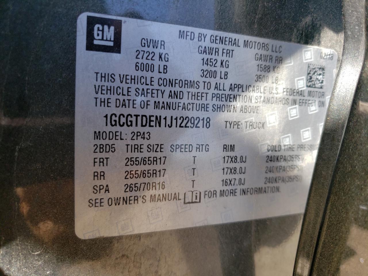 2018 Chevrolet Colorado VIN 1GCGTDEN1J1229218 Copart auction photo, front end / side damage thumbnail 12