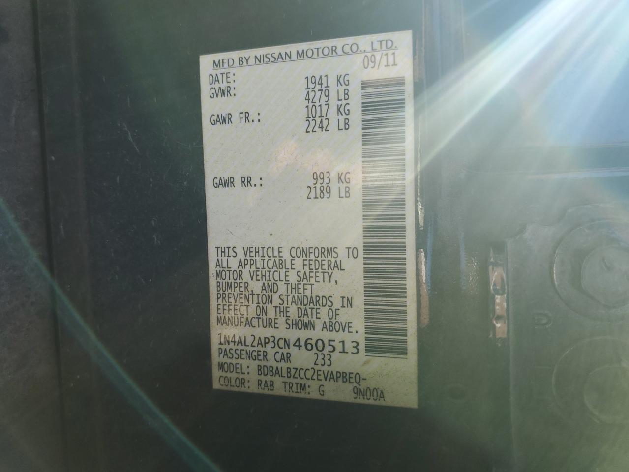 2012 Nissan Altima VIN 1N4AL2AP3CN460513 Copart auction photo, front end damage thumbnail 12
