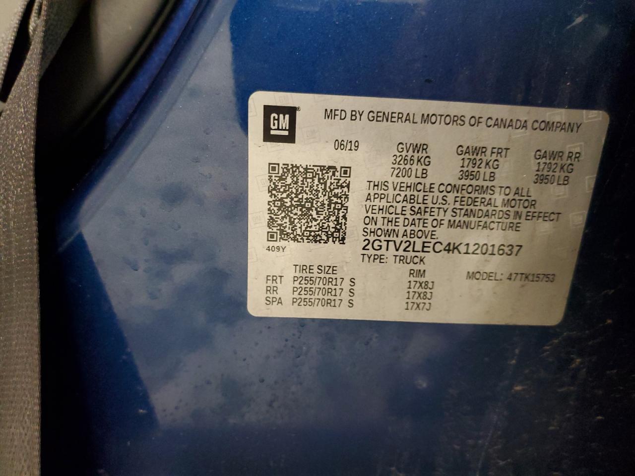 2019 GMC Sierra VIN 2GTV2LEC4K1201637 Copart auction photo, side damage thumbnail 12