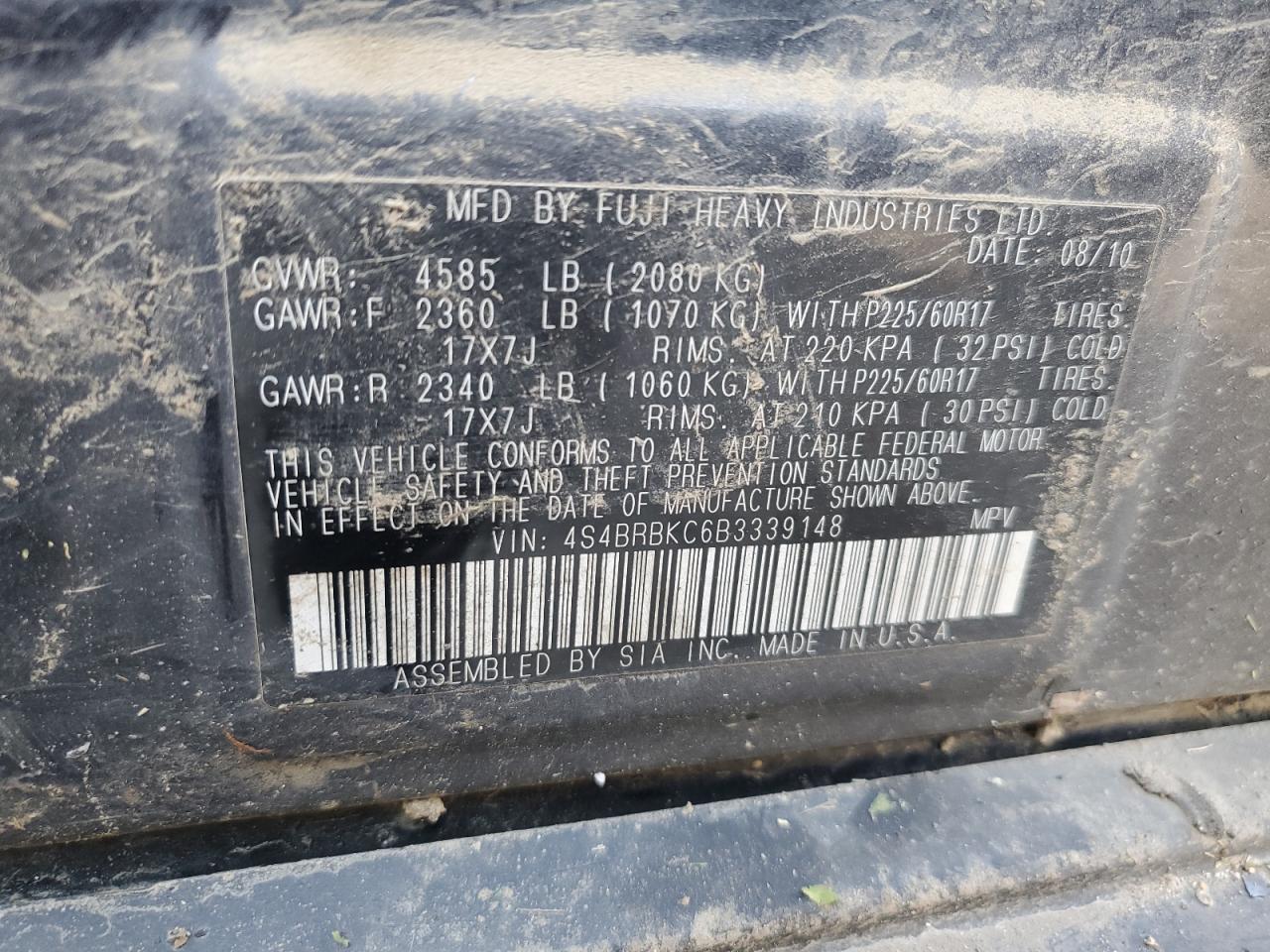 2011 Subaru Outback VIN 4S4BRBKC6B3339148 Copart auction photo, front end / rear end damage thumbnail 14