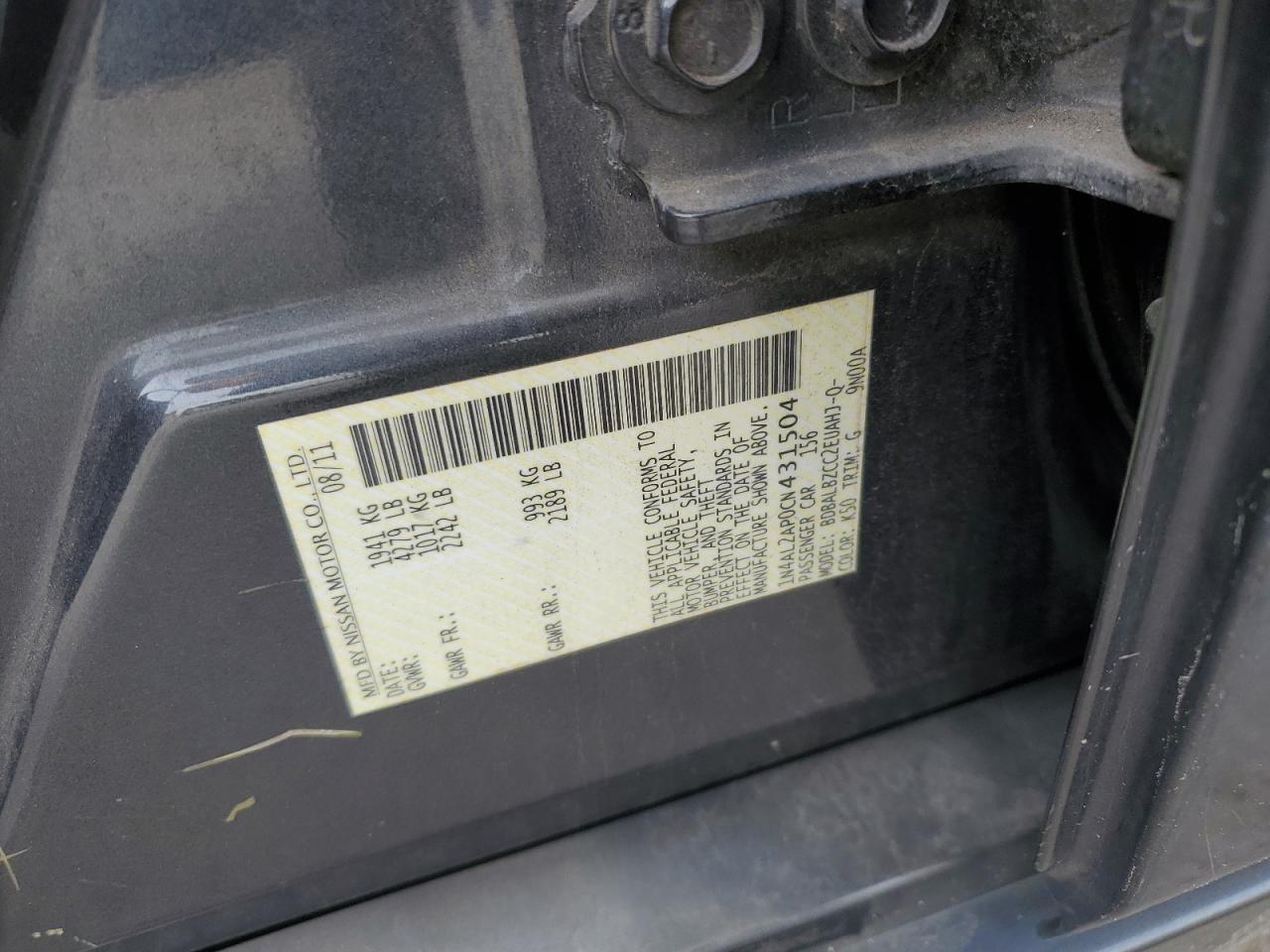 2012 Nissan Altima VIN 1N4AL2AP0CN431504 Copart auction photo, rear end / front end damage thumbnail 12