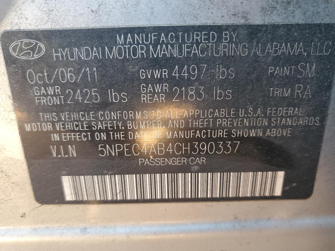 2012 Hyundai Sonata VIN 5NPEC4AB4CH390337 Copart auction photo, burn damage thumbnail 13