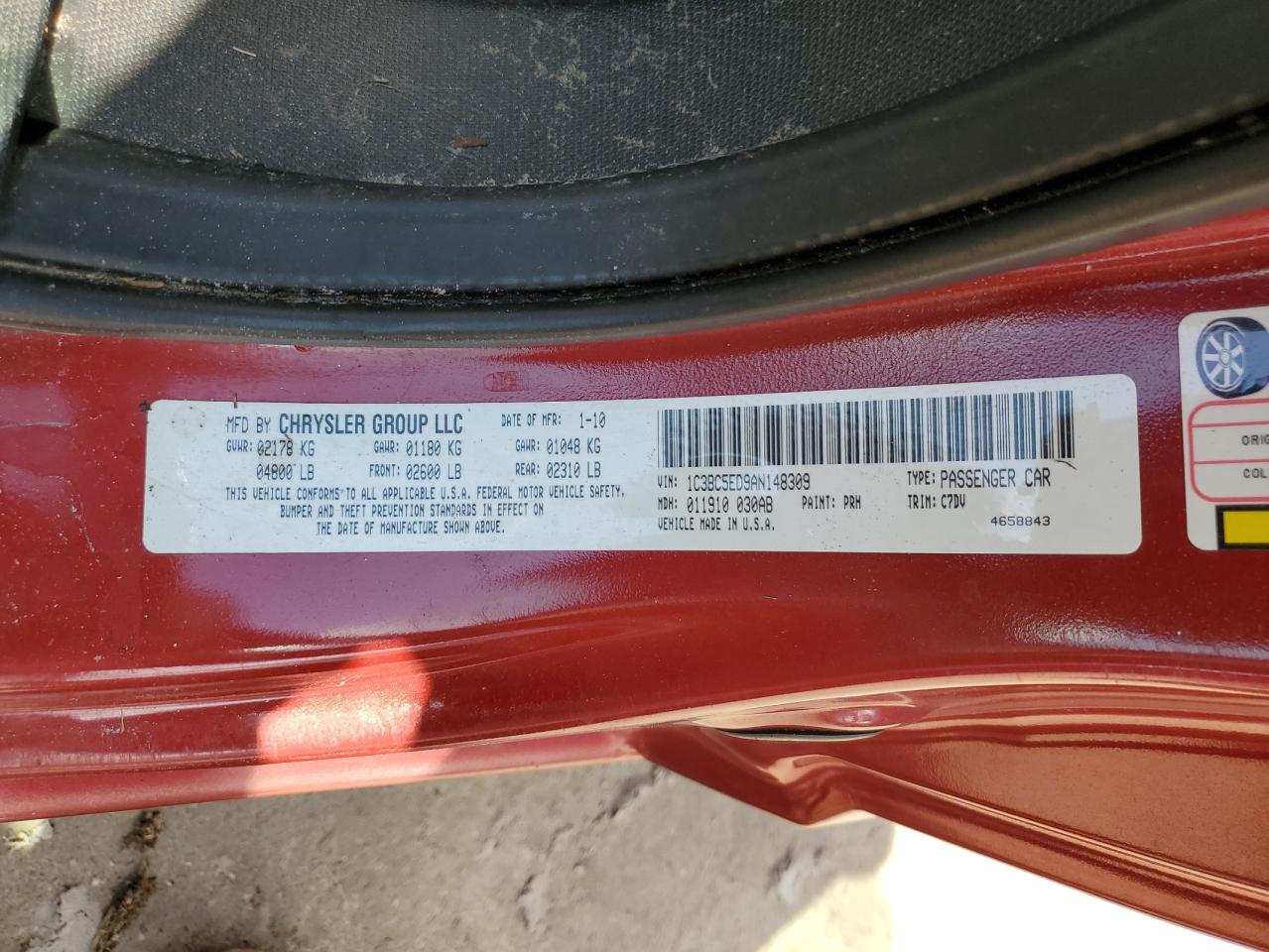 2010 Chrysler Sebring VIN 1C3BC5ED9AN148309 Copart auction photo, water/flood damage thumbnail 13