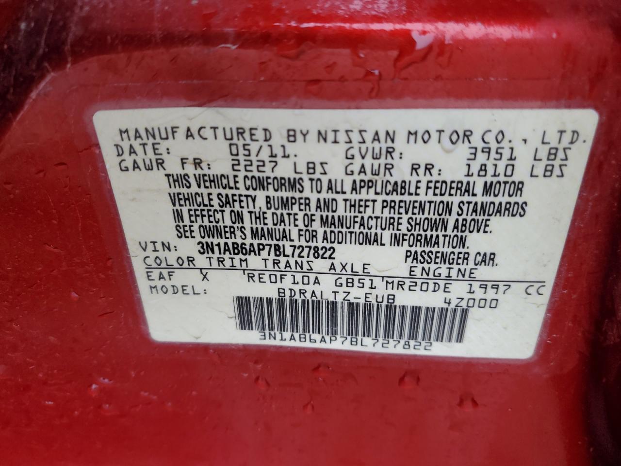 2011 Nissan Sentra VIN 3N1AB6AP7BL727822 Copart auction photo, side damage thumbnail 13
