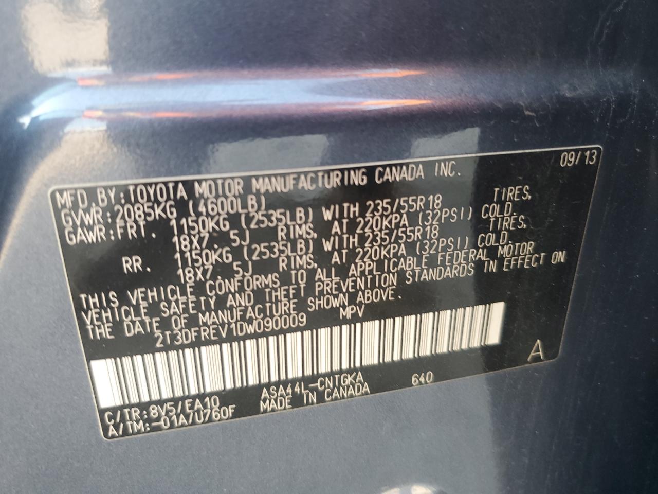 2013 Toyota RAV 4 VIN 2T3DFREV1DW090009 Copart auction photo, side / rear end damage thumbnail 16