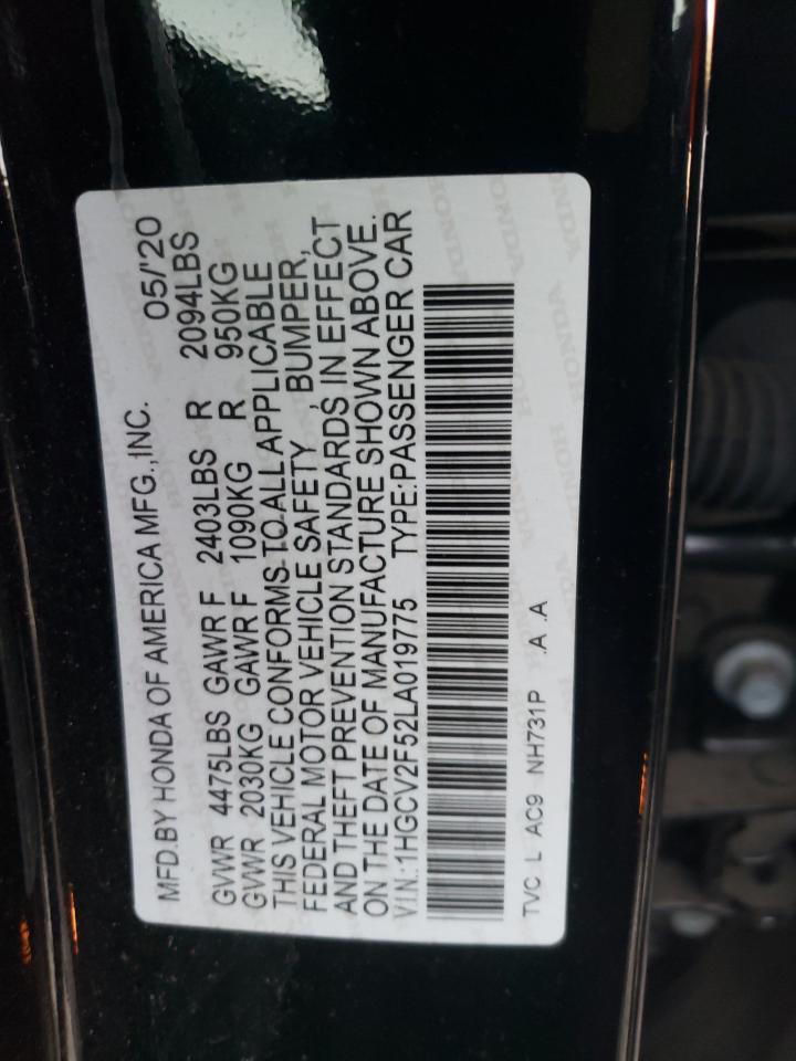 2020 Honda Accord VIN 1HGCV2F52LA019775 Copart auction photo, rear end damage thumbnail 15