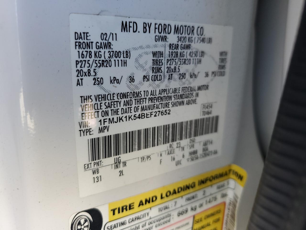 2011 Ford Expedition VIN 1FMJK1K54BEF27652 Copart auction photo, front end / mechanical damage thumbnail 15