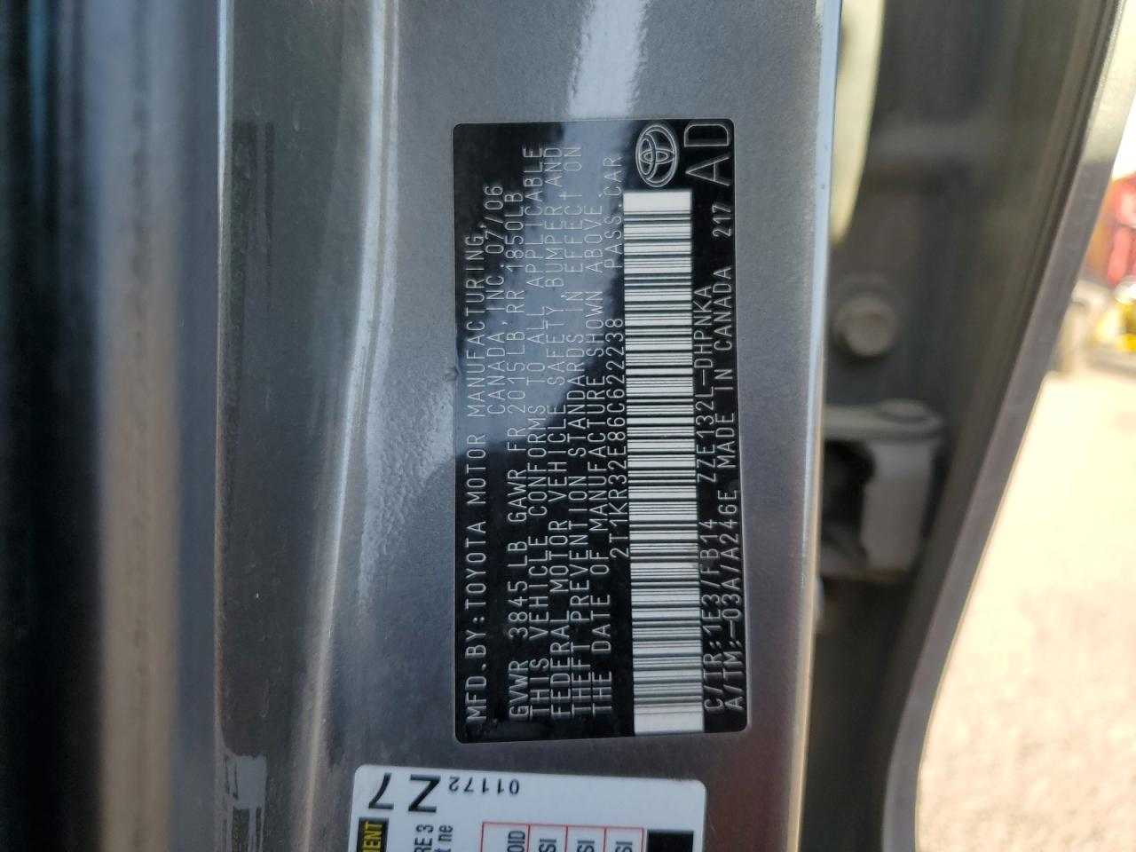 2006 Toyota Corolla VIN 2T1KR32E86C622238 Copart auction photo, side damage thumbnail 12