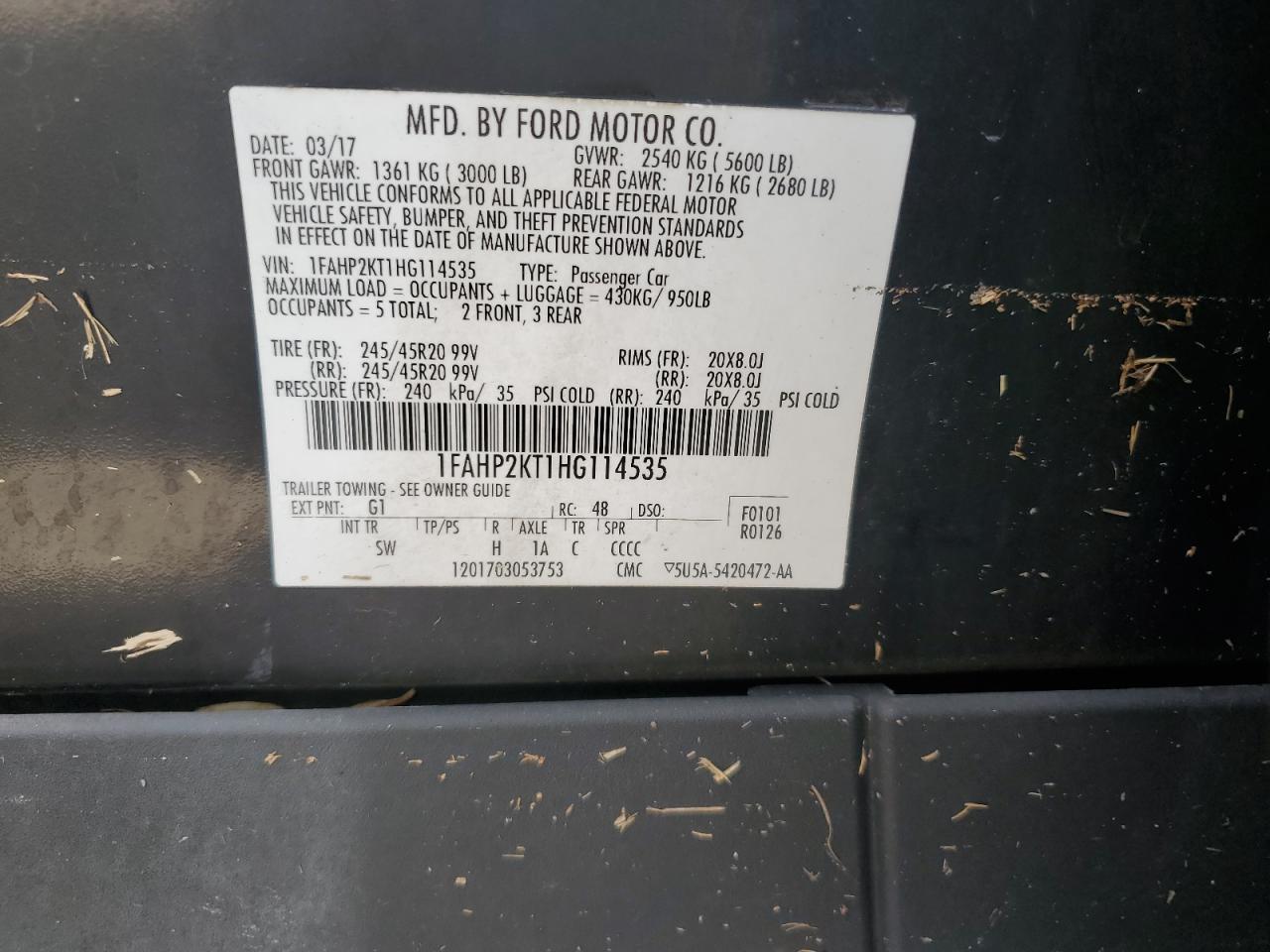 2017 Ford Taurus VIN 1FAHP2KT1HG114535 Copart auction photo, water/flood damage thumbnail 12