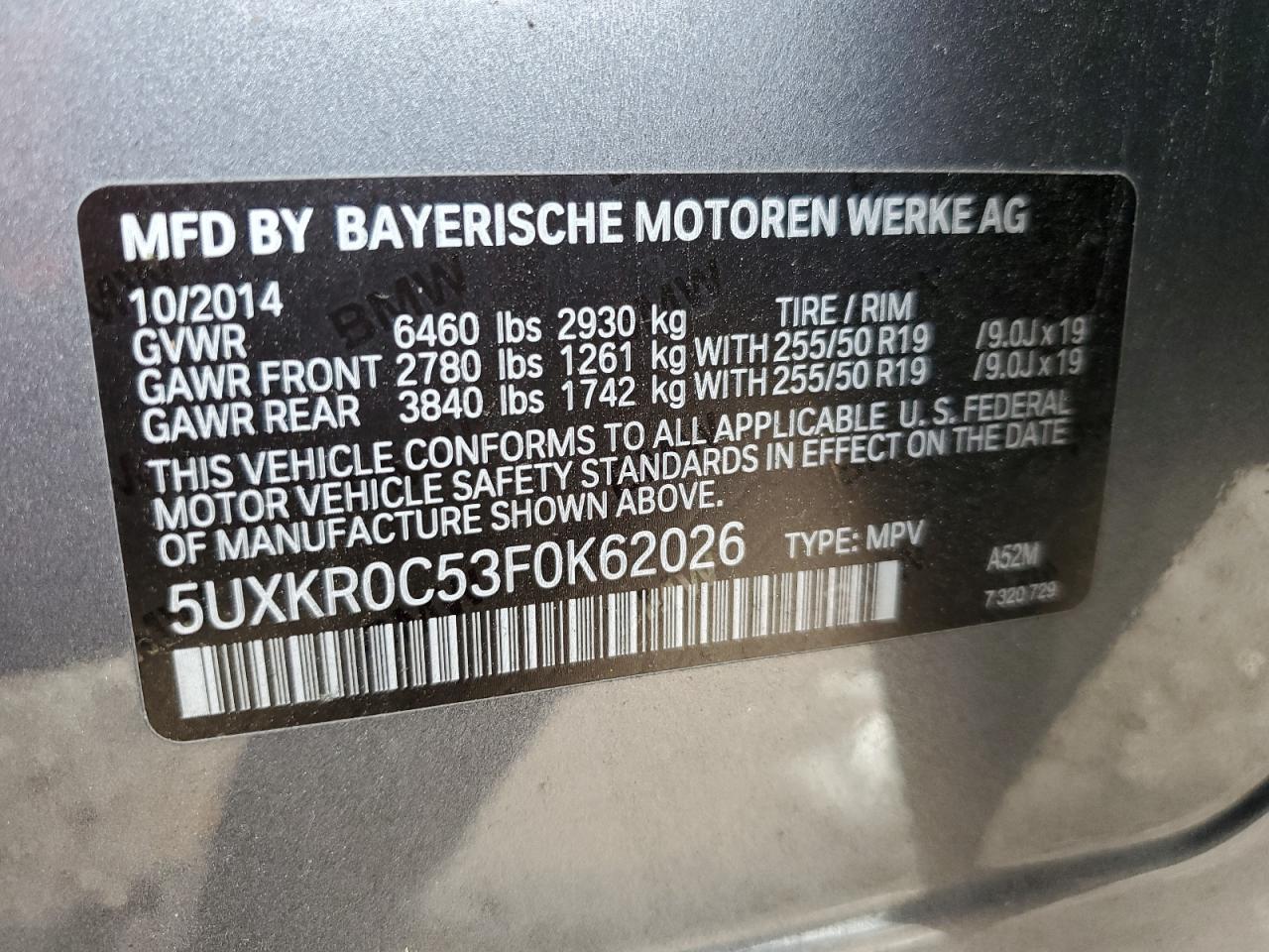 2015 BMW X5 VIN 5UXKR0C53F0K62026 Copart auction photo, front end / side damage thumbnail 13