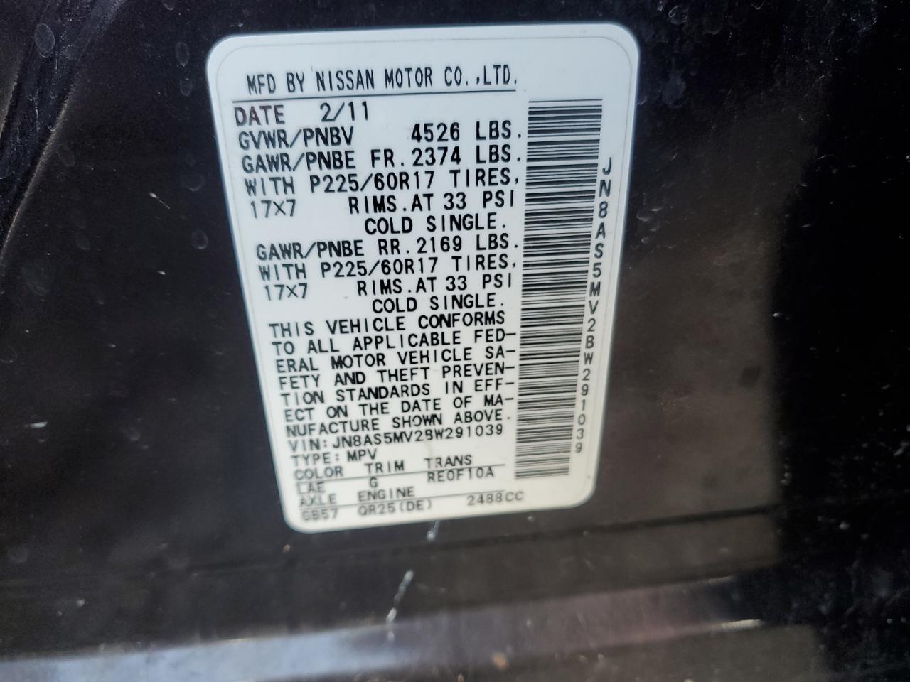 2011 Nissan Rogue VIN JN8AS5MV2BW291039 Copart auction photo, front end / minor dent/scratches damage thumbnail 13