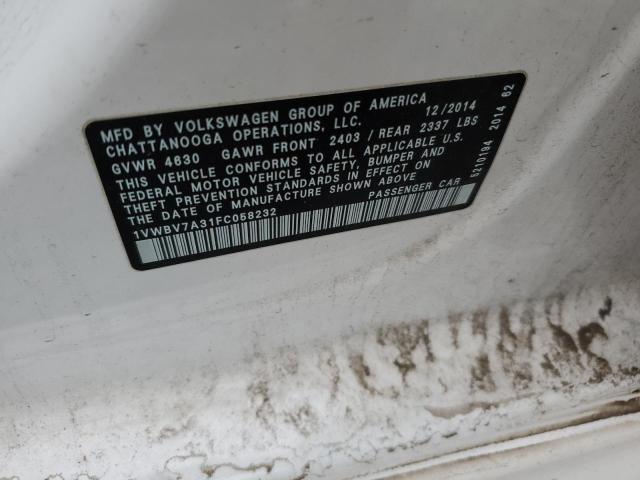 2015 Volkswagen Passat VIN 1VWBV7A31FC058232 Copart auction photo, front end damage thumbnail 13