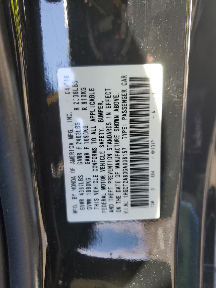 2016 Honda Accord VIN 1HGCT2A83GA006157 Copart auction photo, front end damage thumbnail 12