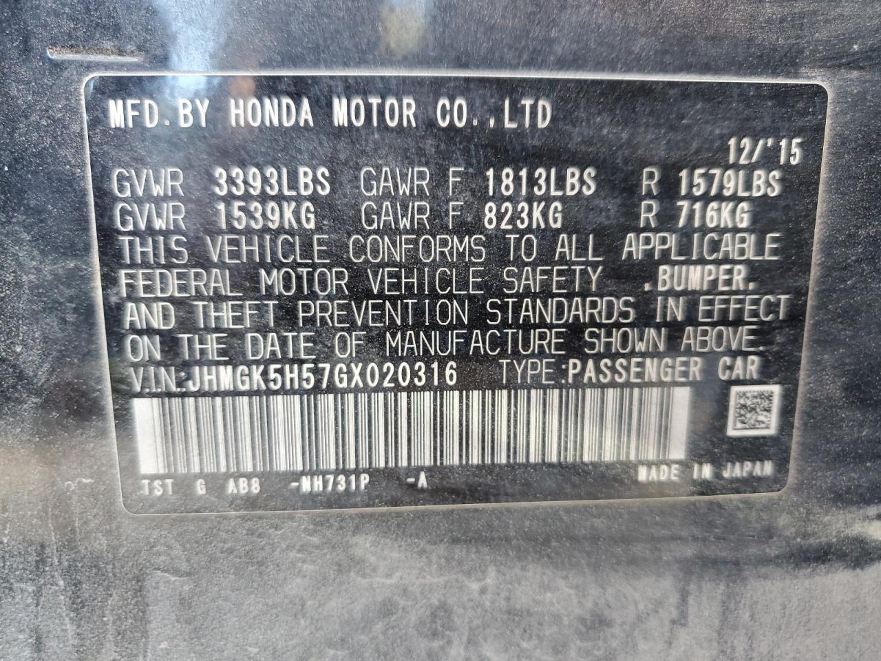 2016 Honda Fit VIN JHMGK5H57GX020316 Copart auction photo, front end / rear end damage thumbnail 14