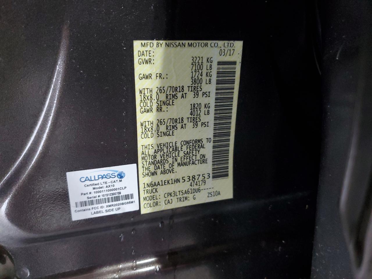 2017 Nissan Titan VIN 1N6AA1EK1HN538753 Copart auction photo, rear end / mechanical damage thumbnail 13