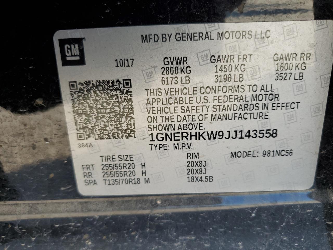 2018 Chevrolet Traverse VIN 1GNERHKW9JJ143558 Copart auction photo, front end / minor dent/scratches damage thumbnail 13