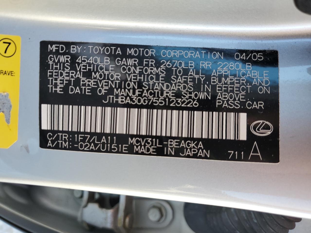 2005 Lexus ES VIN JTHBA30G755123226 Copart auction photo, front end damage thumbnail 12