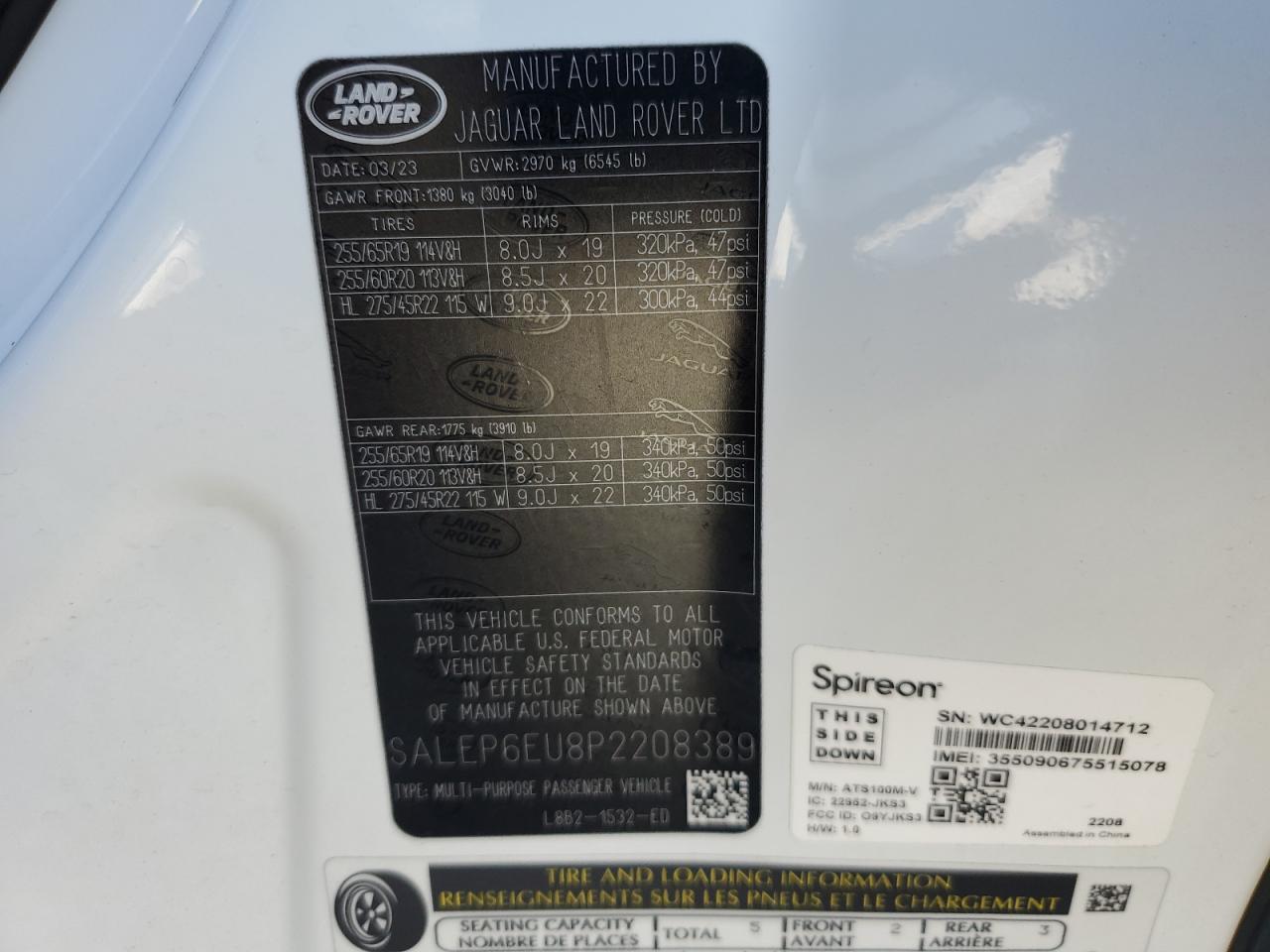 2023 Land Rover Defender VIN SALEP6EU8P2208389 Copart auction photo, rear end damage thumbnail 13