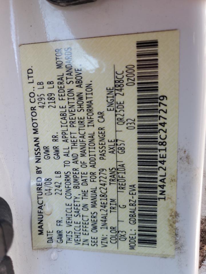2008 Nissan Altima VIN 1N4AL24E18C247279 Copart auction photo, front end damage thumbnail 13