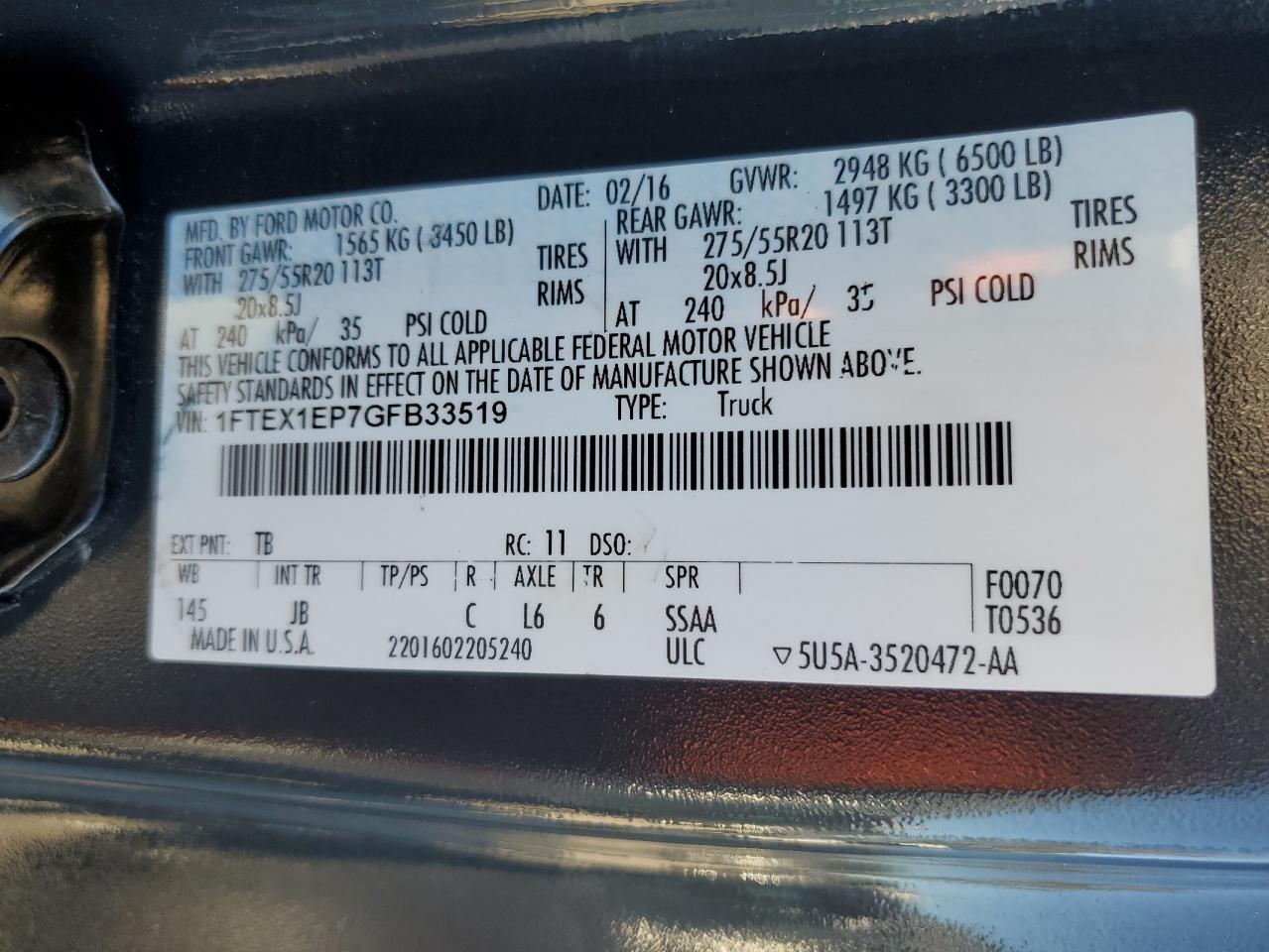 2016 Ford F-150 VIN 1FTEX1EP7GFB33519 Copart auction photo, front end / side damage thumbnail 13