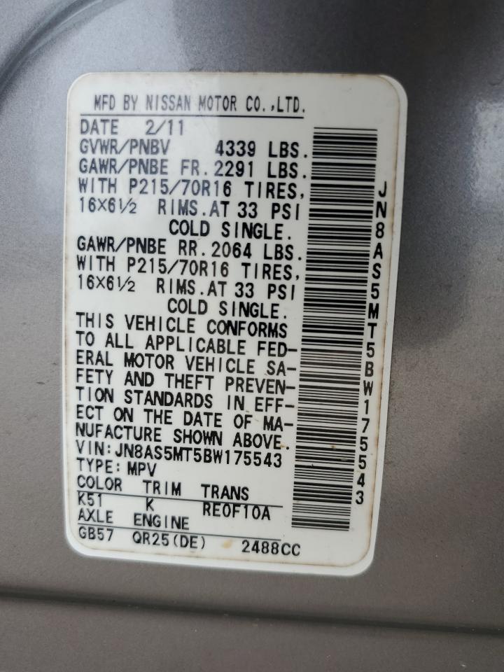 2011 Nissan Rogue VIN JN8AS5MT5BW175543 Copart auction photo, rear end / minor dent/scratches damage thumbnail 14
