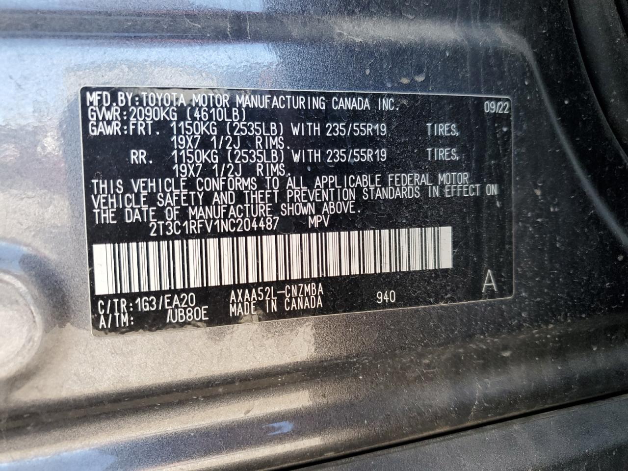 2022 Toyota RAV 4 VIN 2T3C1RFV1NC204487 Copart auction photo, side damage thumbnail 12