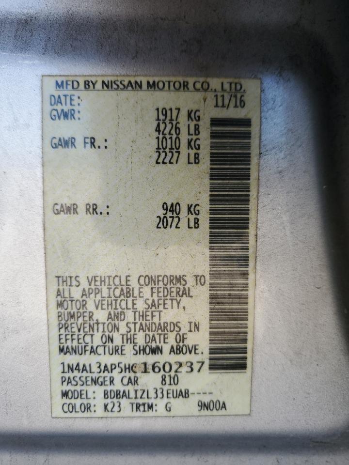 2017 Nissan Altima VIN 1N4AL3AP5HC160237 Copart auction photo, all over / frame damage damage thumbnail 12