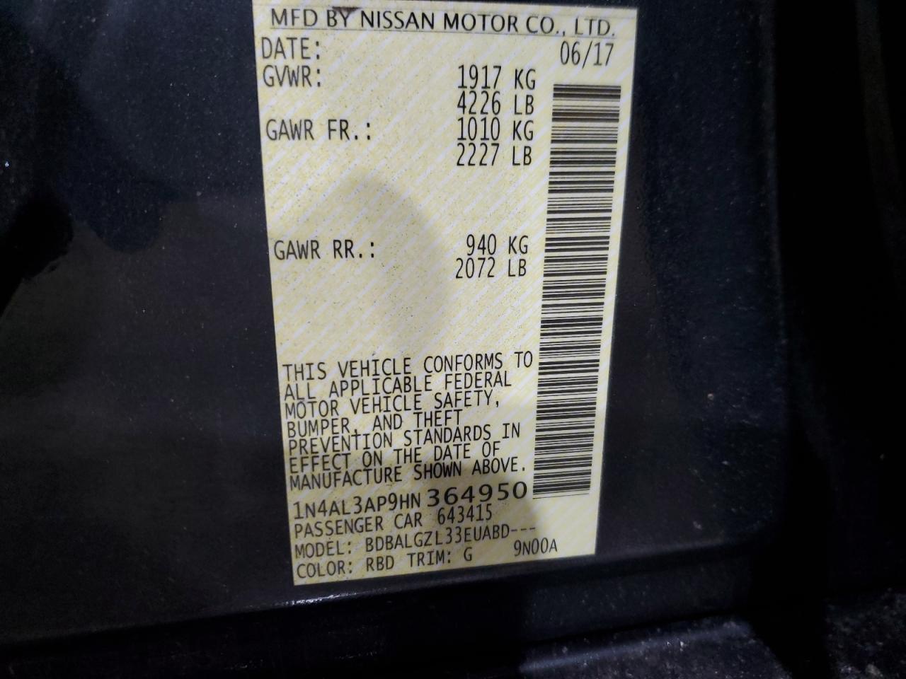 2017 Nissan Altima VIN 1N4AL3AP9HN364950 Copart auction photo, front end / side damage thumbnail 14
