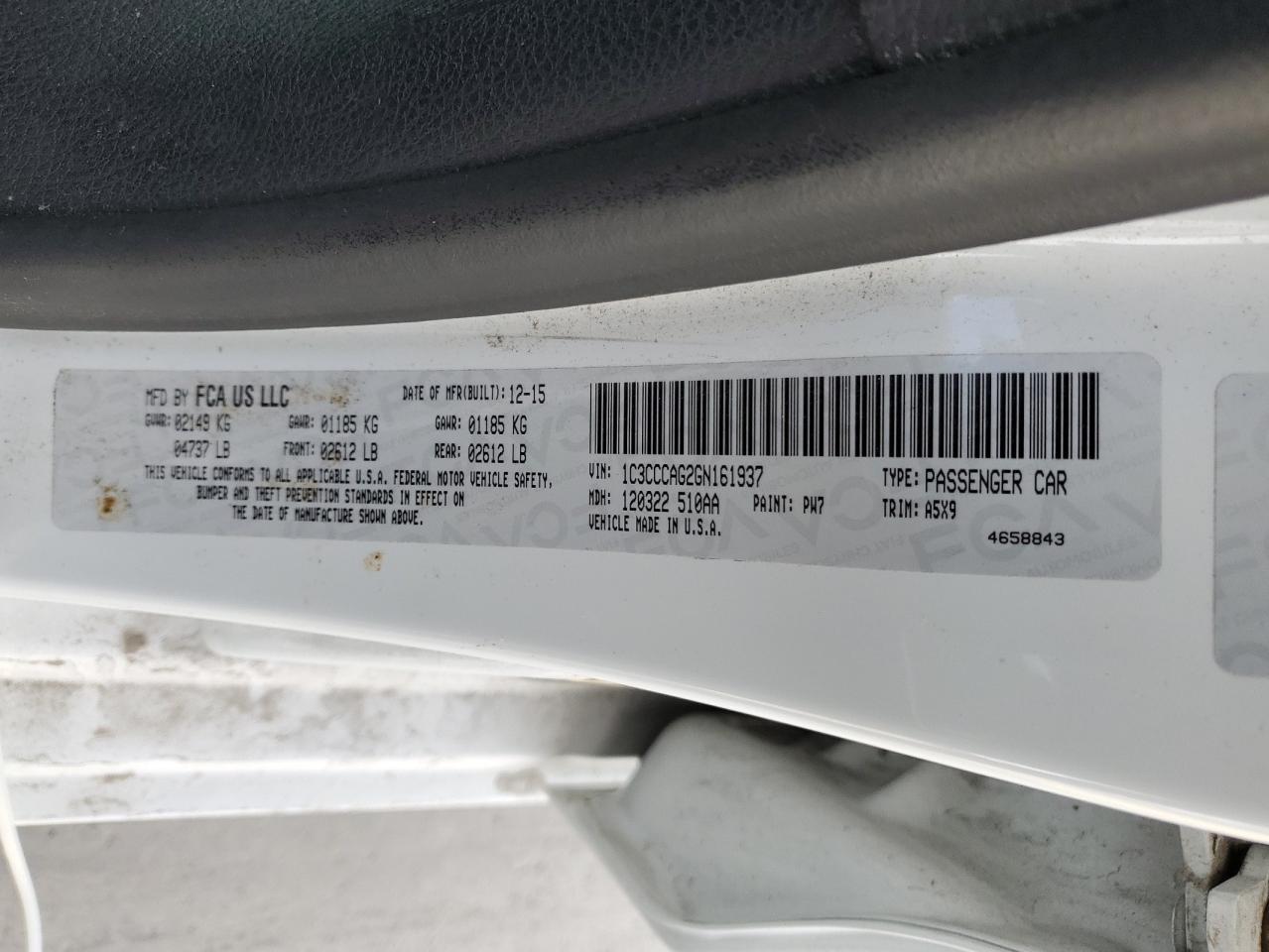 2016 Chrysler 200 VIN 1C3CCCAG2GN161937 Copart auction photo, side damage thumbnail 12