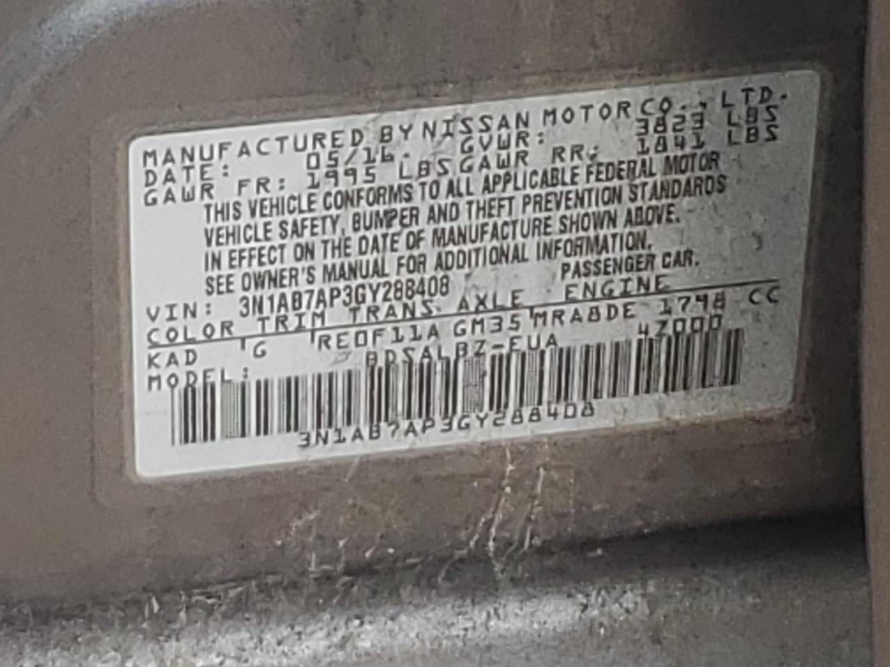 2016 Nissan Sentra VIN 3N1AB7AP3GY288408 Copart auction photo, side / rear end damage thumbnail 12