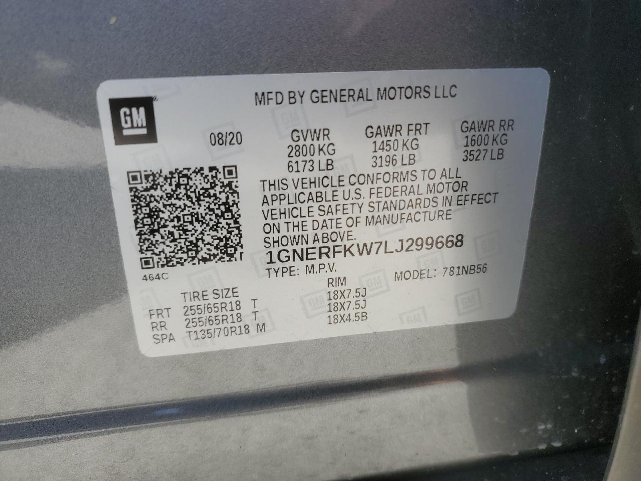 2020 Chevrolet Traverse VIN 1GNERFKW7LJ299668 Copart auction photo, front end / side damage thumbnail 13