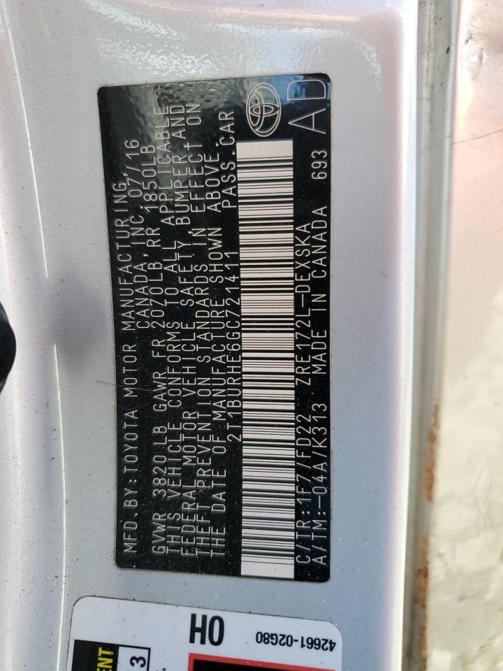 2016 Toyota Corolla VIN 2T1BURHE6GC721411 Copart auction photo, front end / side damage thumbnail 13