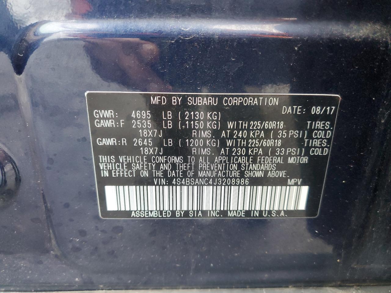 2018 Subaru Outback VIN 4S4BSANC4J3208986 Copart auction photo, front end / minor dent/scratches damage thumbnail 14