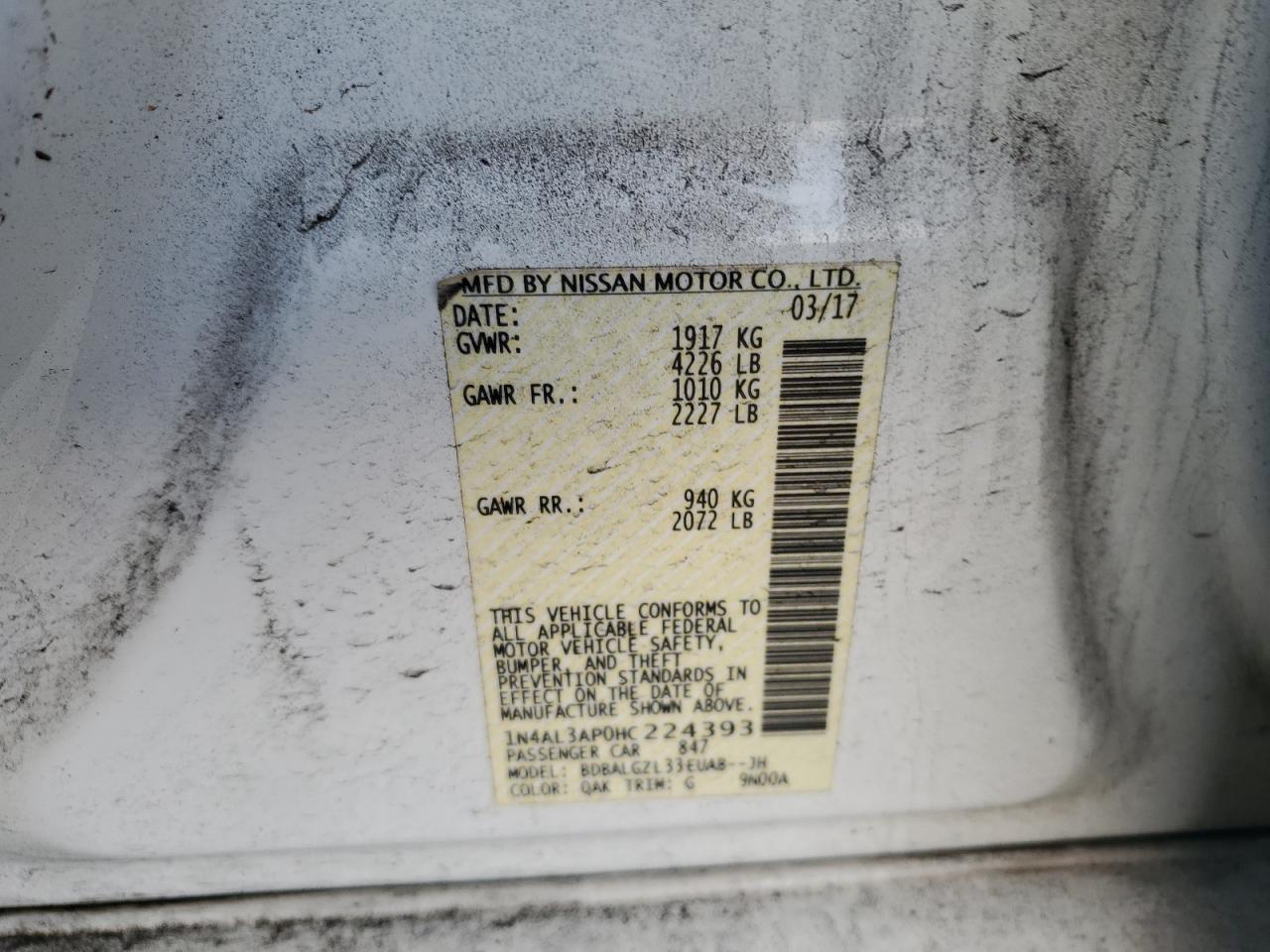 2017 Nissan Altima VIN 1N4AL3AP0HC224393 Copart auction photo, rear end / front end damage thumbnail 14