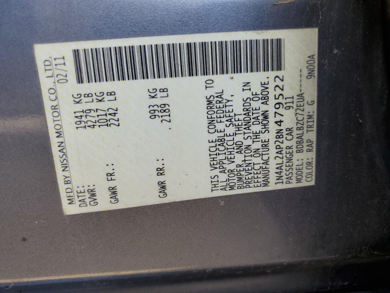 2011 Nissan Altima VIN 1N4AL2AP2BN479522 Copart auction photo, front end damage thumbnail 12