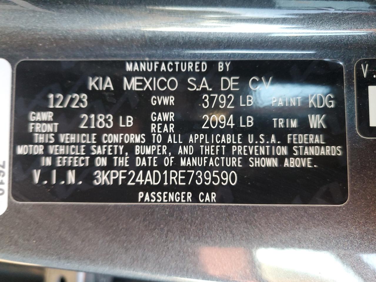 2024 KIA Forte VIN 3KPF24AD1RE739590 Copart auction photo, all over damage thumbnail 13