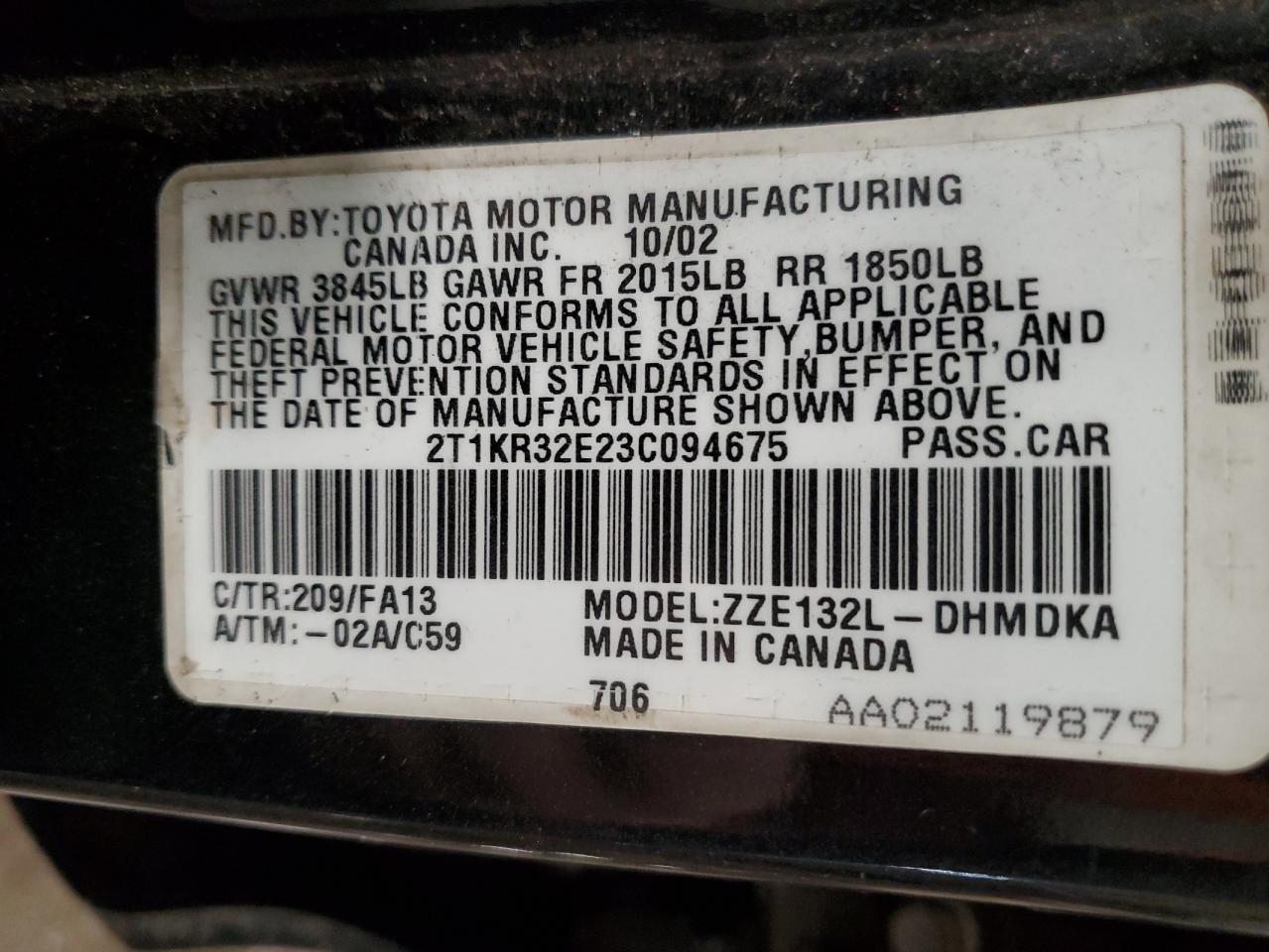 2003 Toyota Corolla VIN 2T1KR32E23C094675 Copart auction photo, mechanical / minor dent/scratches damage thumbnail 13