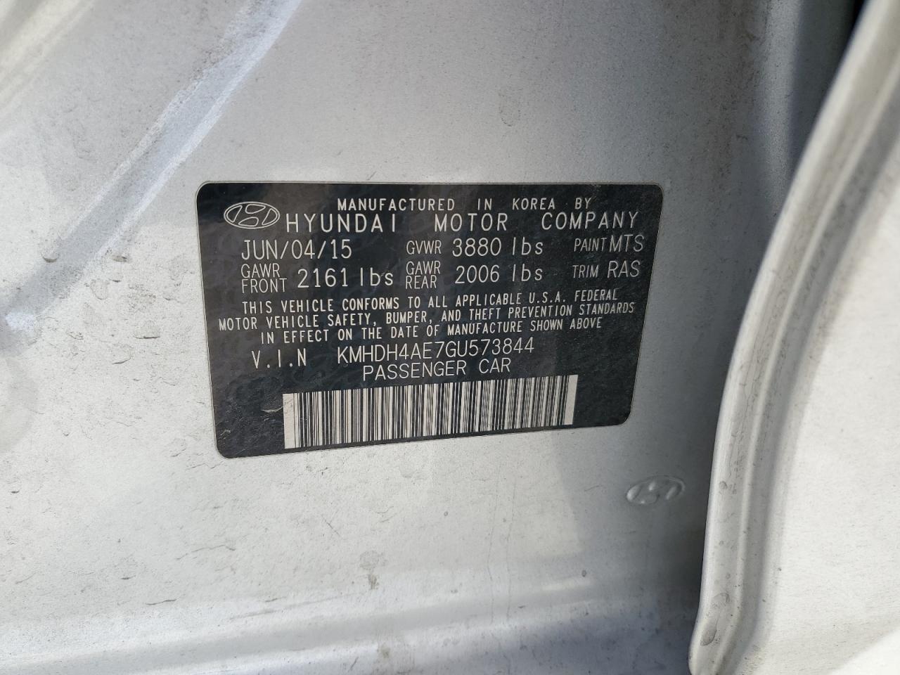 2016 Hyundai Elantra VIN KMHDH4AE7GU573844 Copart auction photo, front end / side damage thumbnail 15