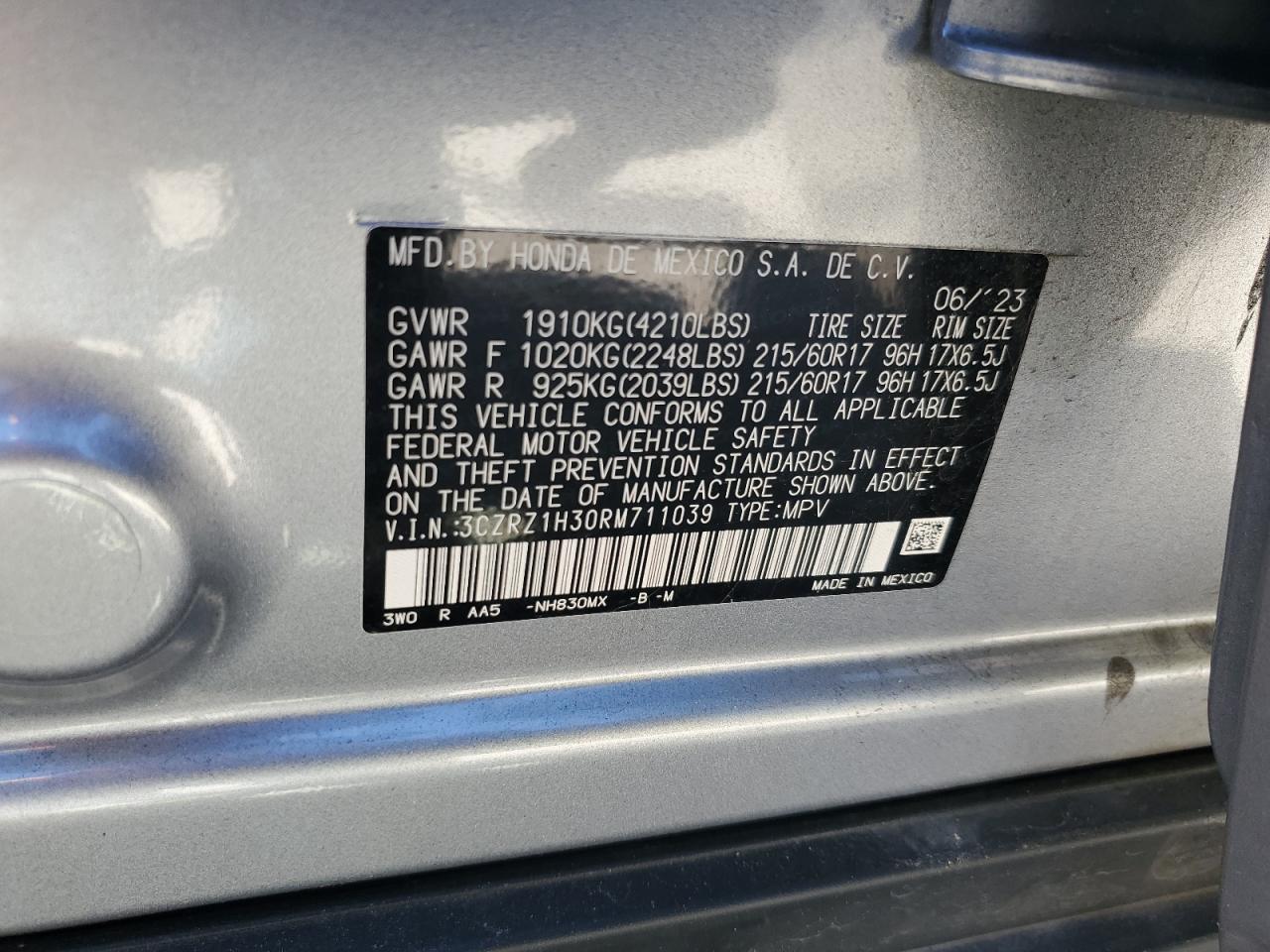 2024 Honda HR-V VIN 3CZRZ1H30RM711039 Copart auction photo, front end damage thumbnail 15
