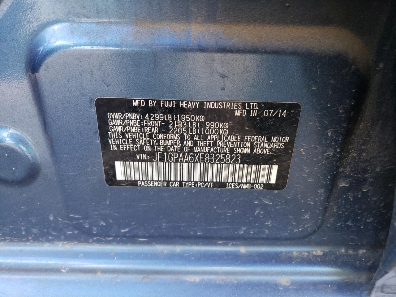 2014 Subaru Impreza VIN JF1GPAA6XE8325823 Copart auction photo, hail damage thumbnail 12