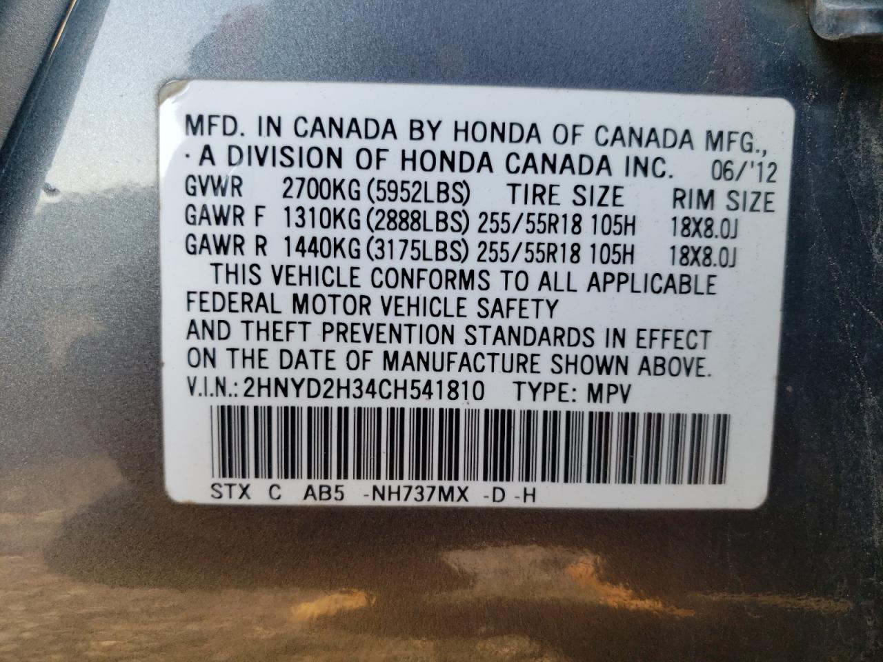 2012 Acura MDX VIN 2HNYD2H34CH541810 Copart auction photo, rear end / side damage thumbnail 13