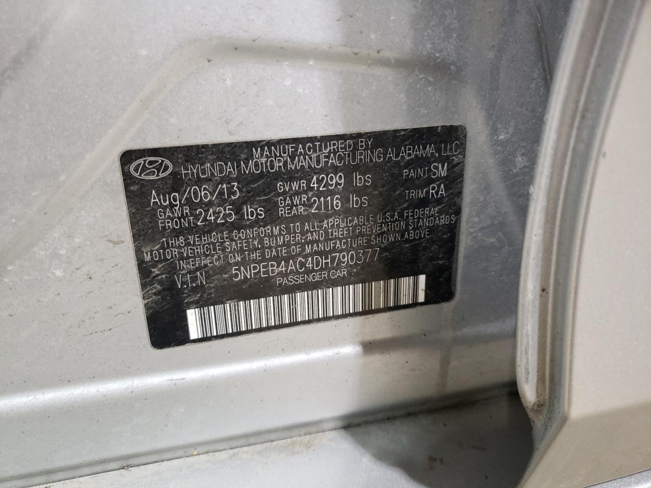 2013 Hyundai Sonata VIN 5NPEB4AC4DH790377 Copart auction photo, front end / undercarriage damage thumbnail 14