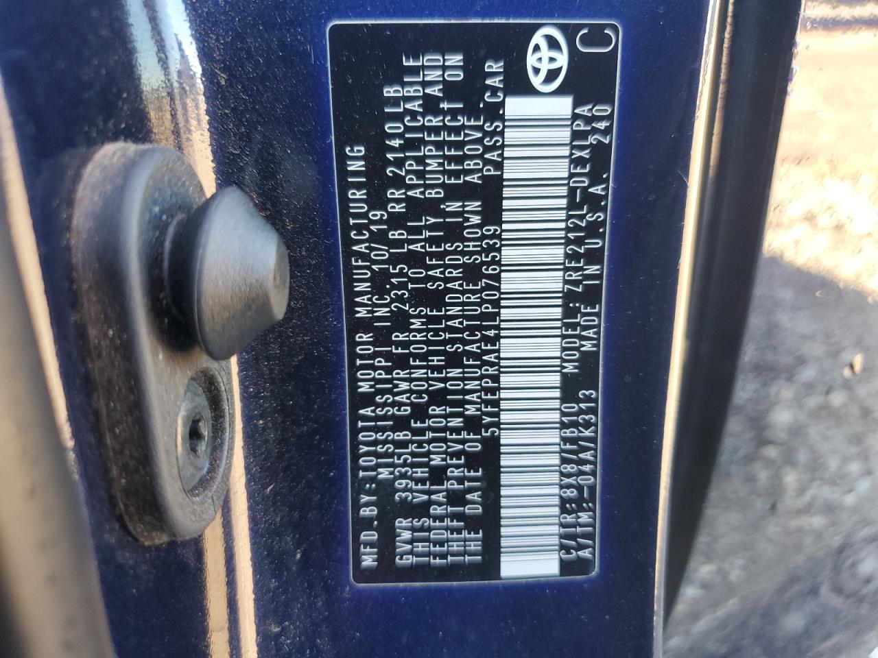 2020 Toyota Corolla VIN 5YFEPRAE4LP076539 Copart auction photo, hail / minor dent/scratches damage thumbnail 14