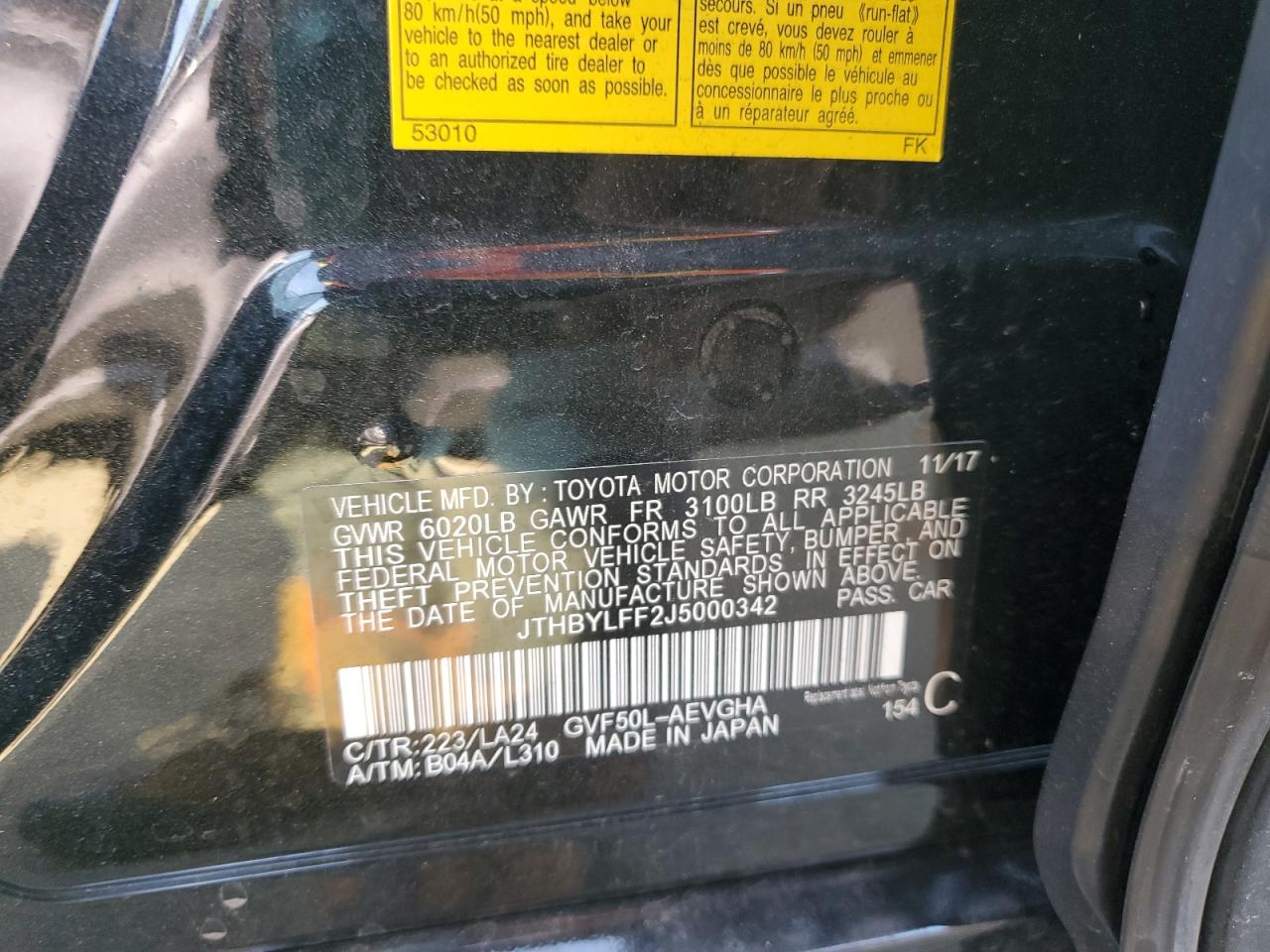 2018 Lexus LS VIN JTHBYLFF2J5000342 Copart auction photo, front end / vandalism damage thumbnail 12