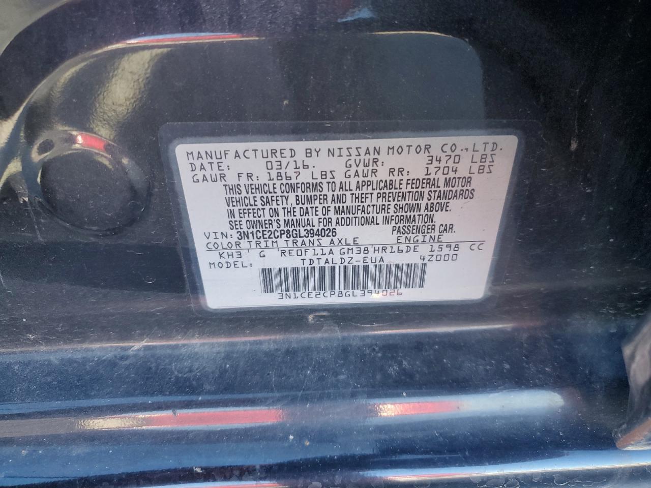 2016 Nissan Versa VIN 3N1CE2CP8GL394026 Copart auction photo, front end damage thumbnail 16