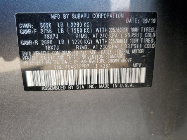 2020 Subaru Outback VIN 4S4BTGPD7L3117381 Copart auction photo, front end / rear end damage thumbnail 12