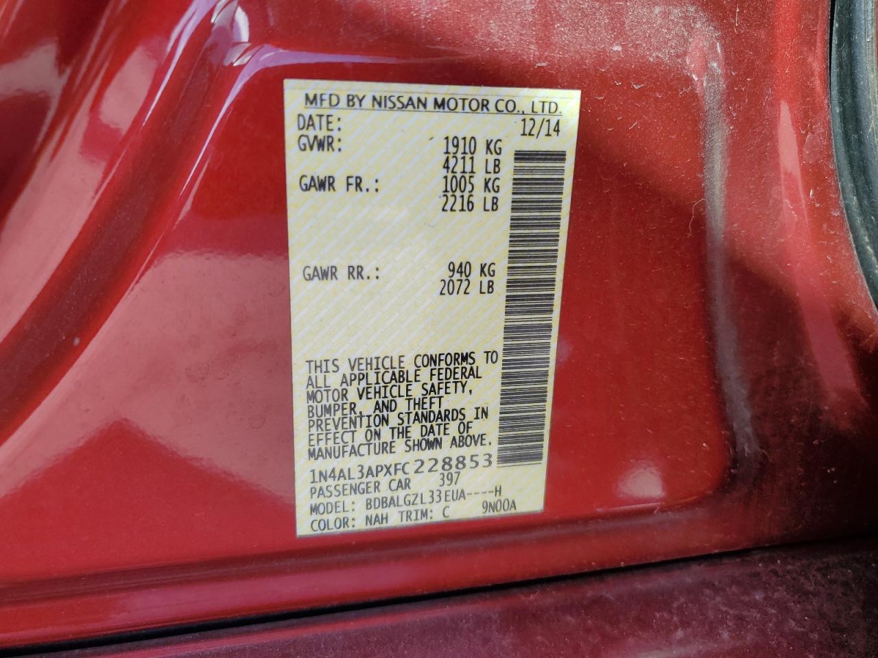 2015 Nissan Altima VIN 1N4AL3APXFC228853 Copart auction photo, front end / rear end damage thumbnail 12