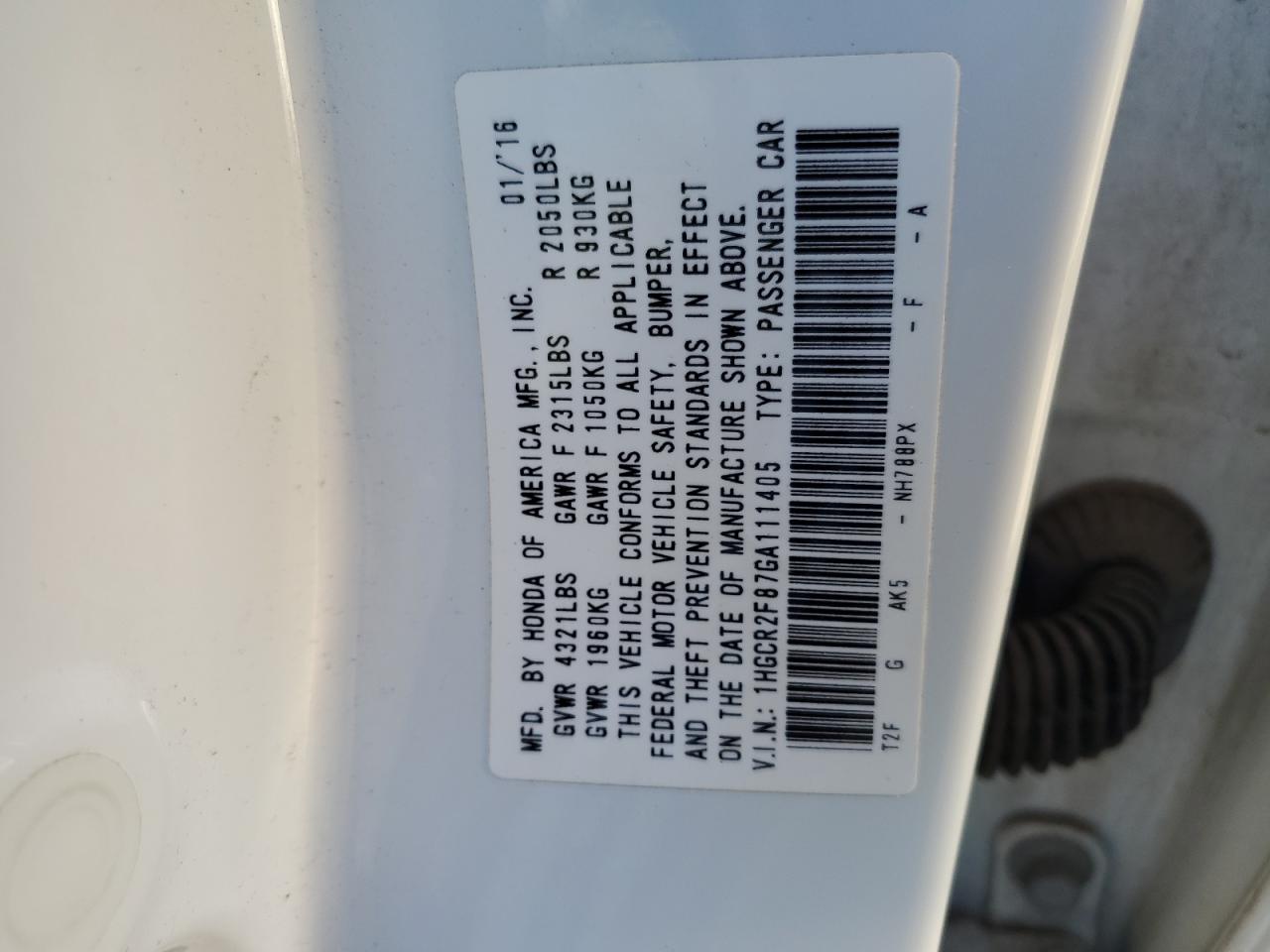 2016 Honda Accord VIN 1HGCR2F87GA111405 Copart auction photo, front end / minor dent/scratches damage thumbnail 12