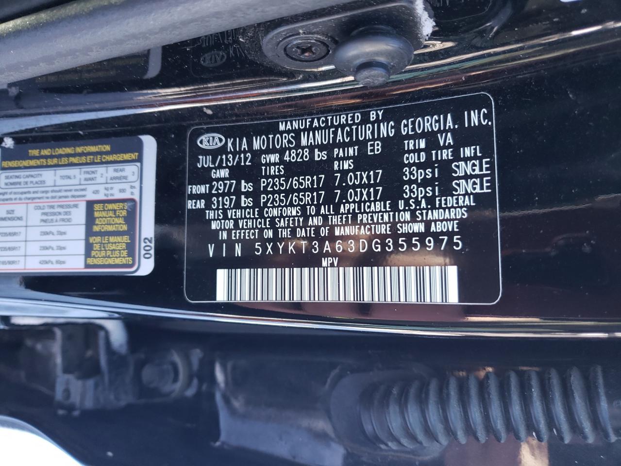 2013 KIA Sorento VIN 5XYKT3A63DG355975 Copart auction photo, vandalism damage thumbnail 13